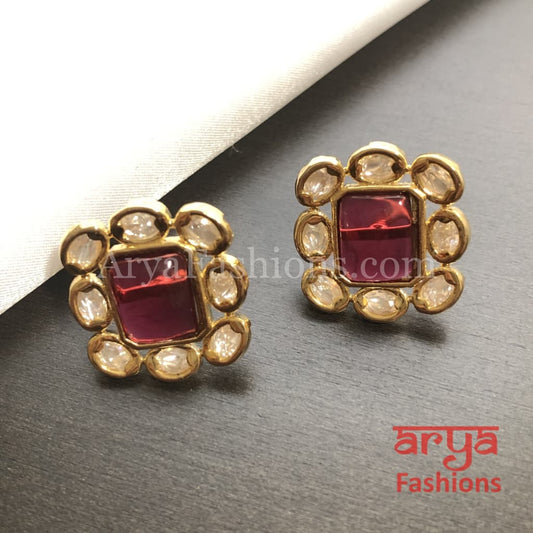 Square Kundan Stud Earrings with colored stones