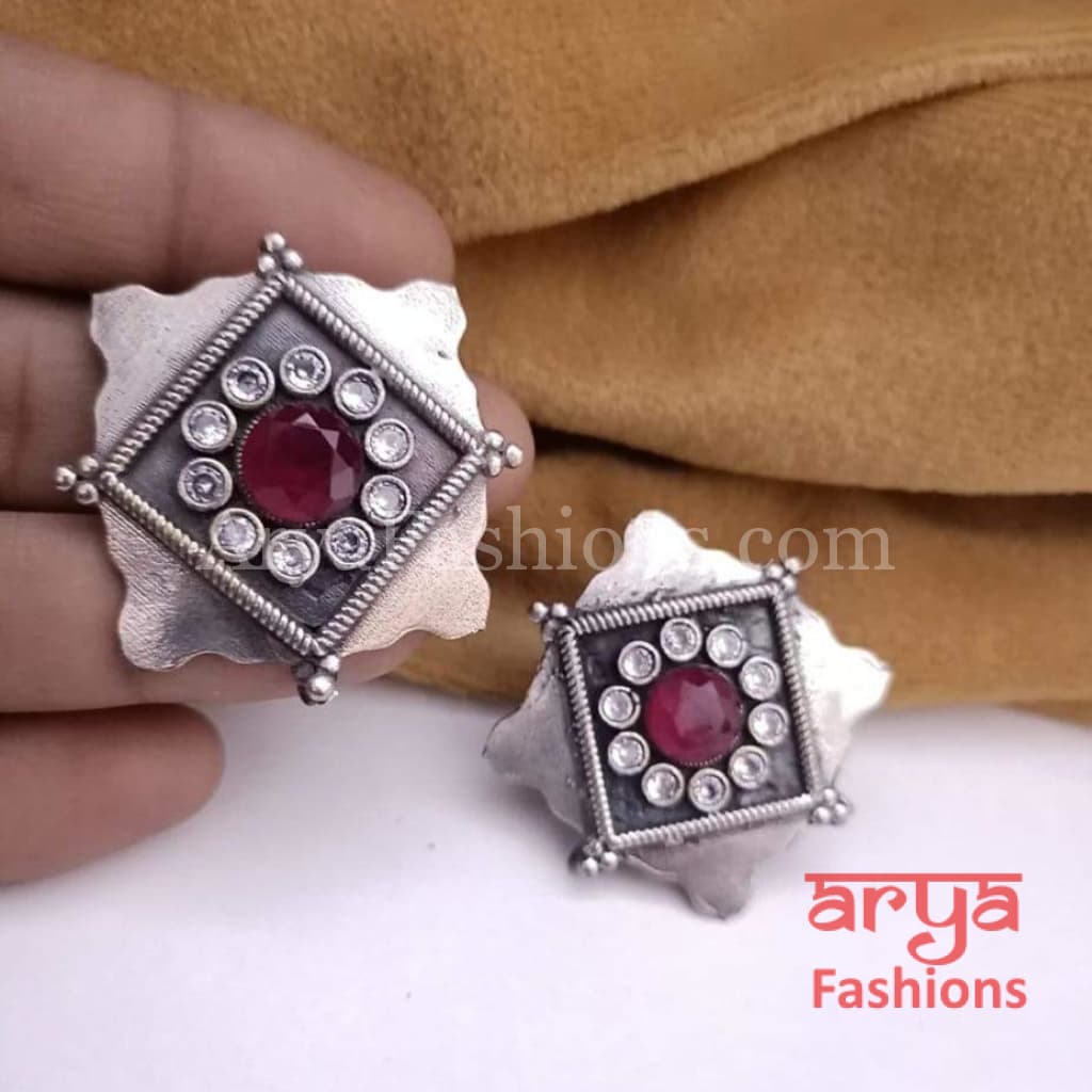 Square Silver Oxidized Stud Earrings