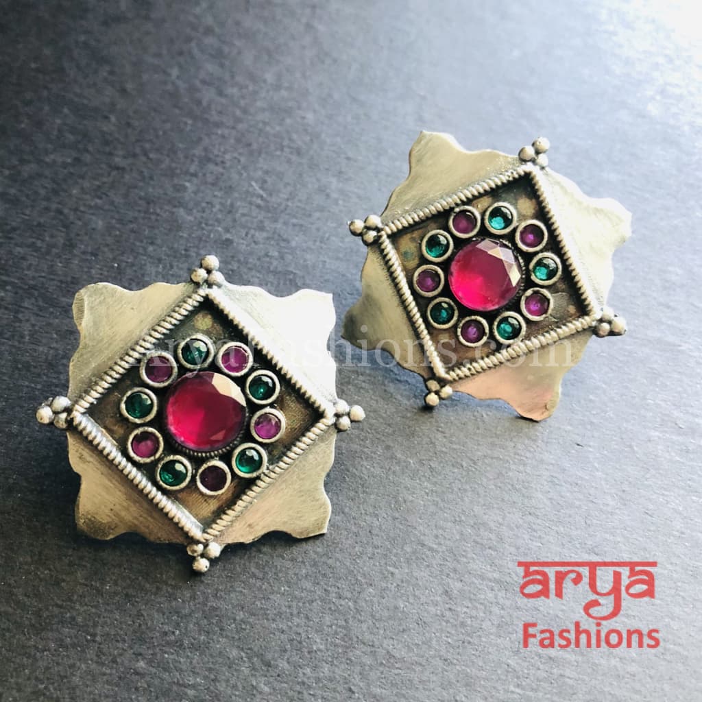 Square Silver Oxidized Stud Earrings