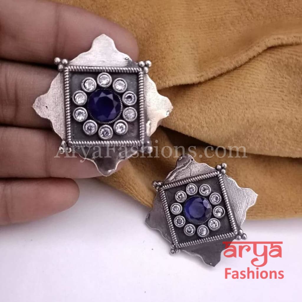 Square Silver Oxidized Stud Earrings