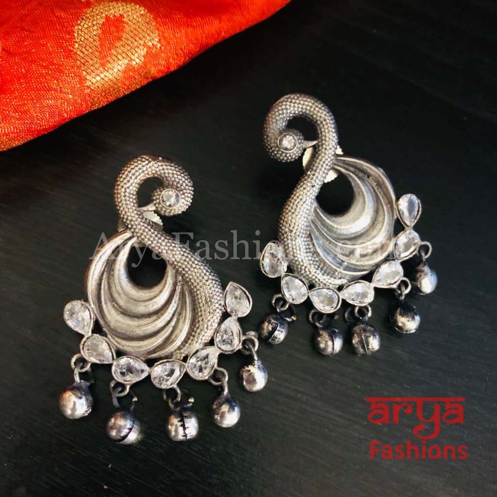 Swan Silver Oxidized Ethnic Earrings with colored stones