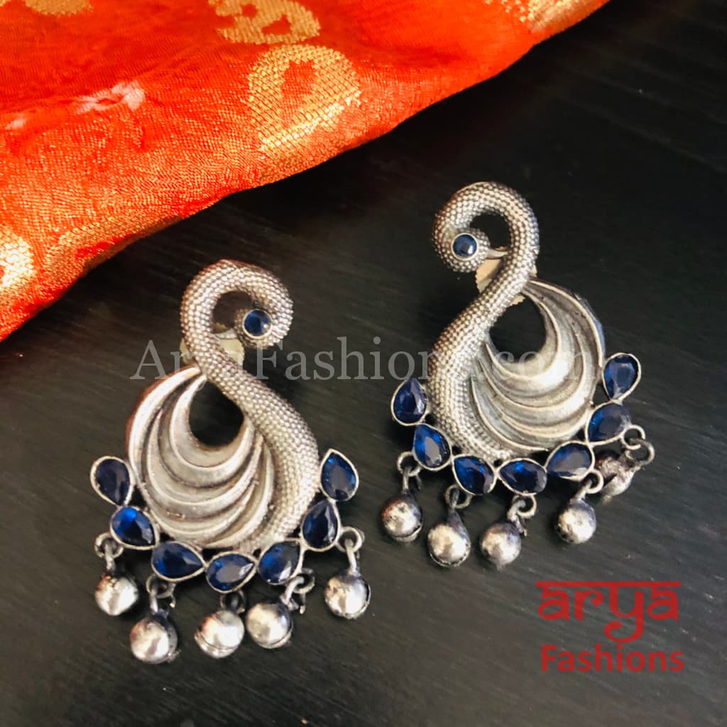 Swan Silver Oxidized Ethnic Earrings with colored stones