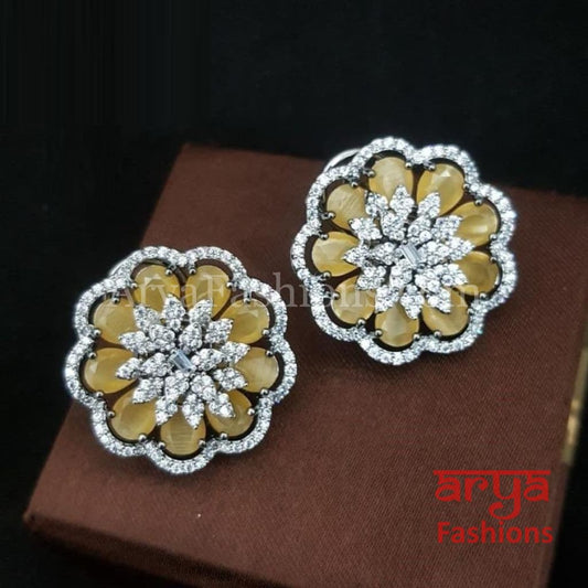 Tahi CZ Studs with Silver stones in Black Victorian Finish/ Trendy Bollywood