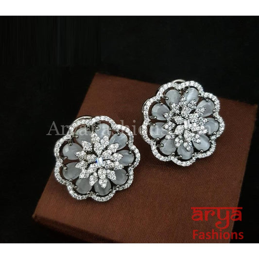 Tahi CZ Studs with Silver stones in Black Victorian Finish/ Trendy Bollywood