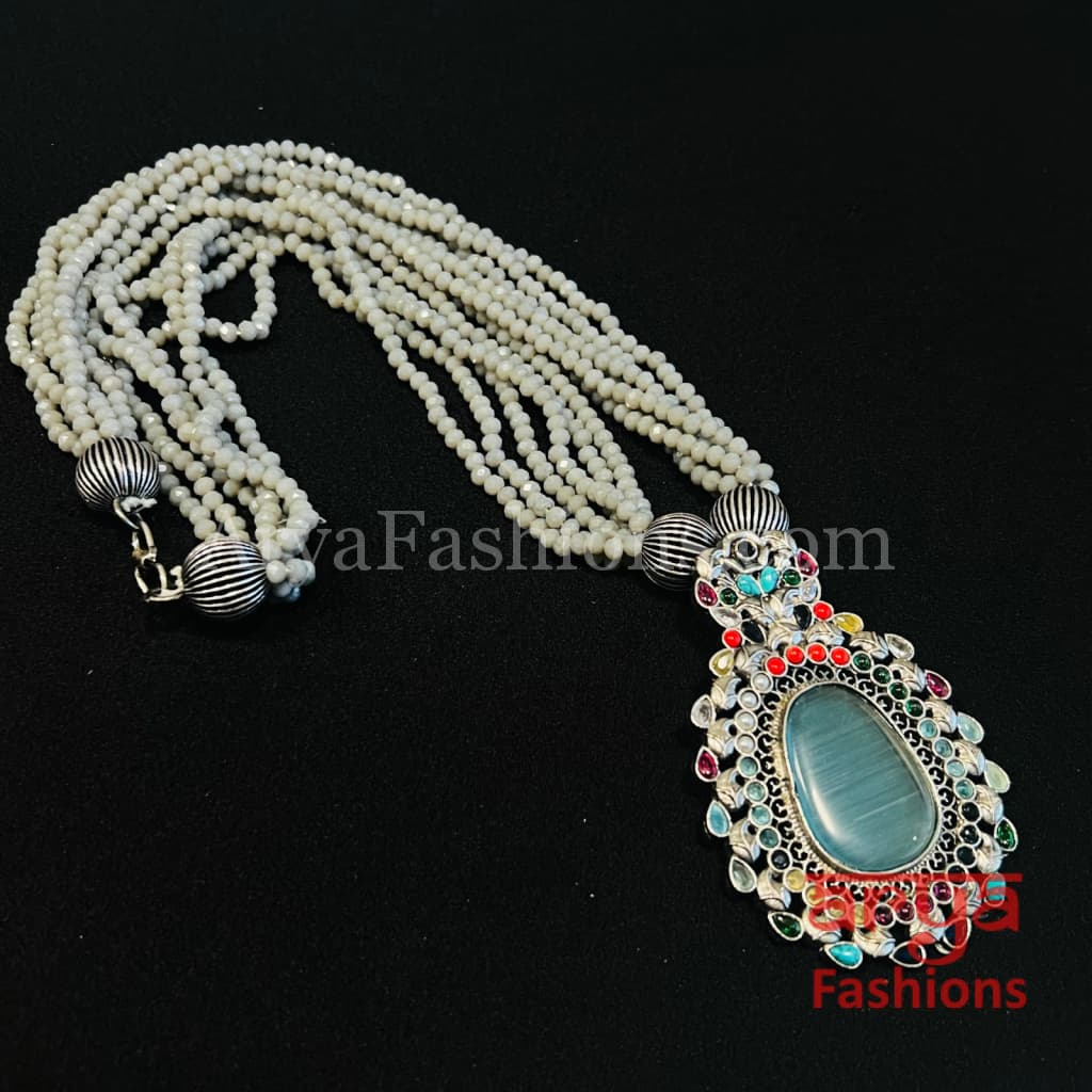 Tahira Green Gray beads necklace with Pendant