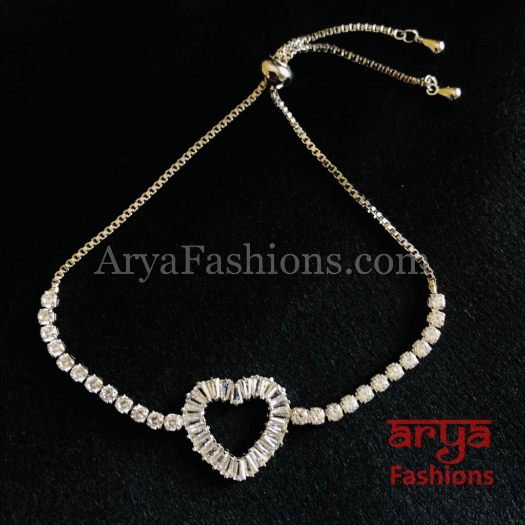 Tanvi Silver CZ Heart Shaped Chain Bracelet/ Ethnic Bracelet