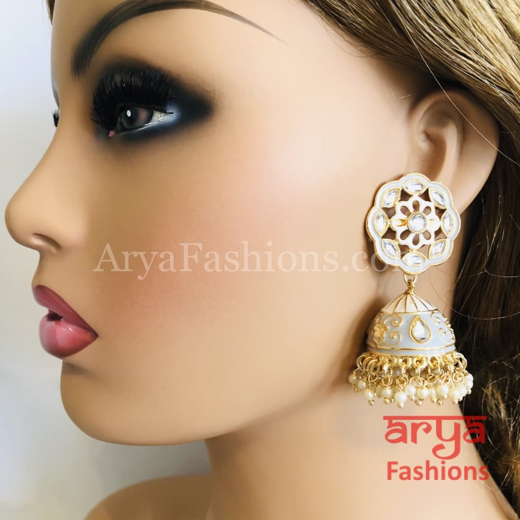 Traditional Meenakari Jhumka Earrings with Pearl beads