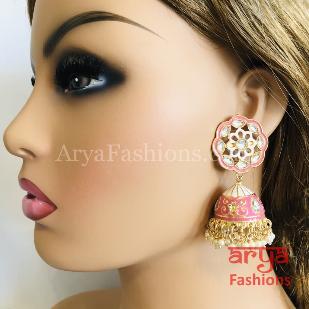 Traditional Meenakari Jhumka Earrings with Pearl beads