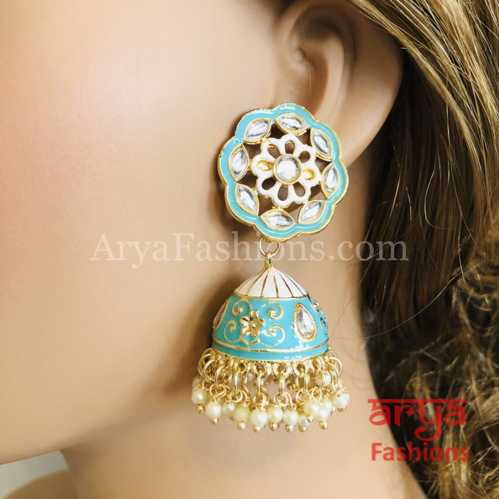 Traditional Meenakari Jhumka Earrings with Pearl beads