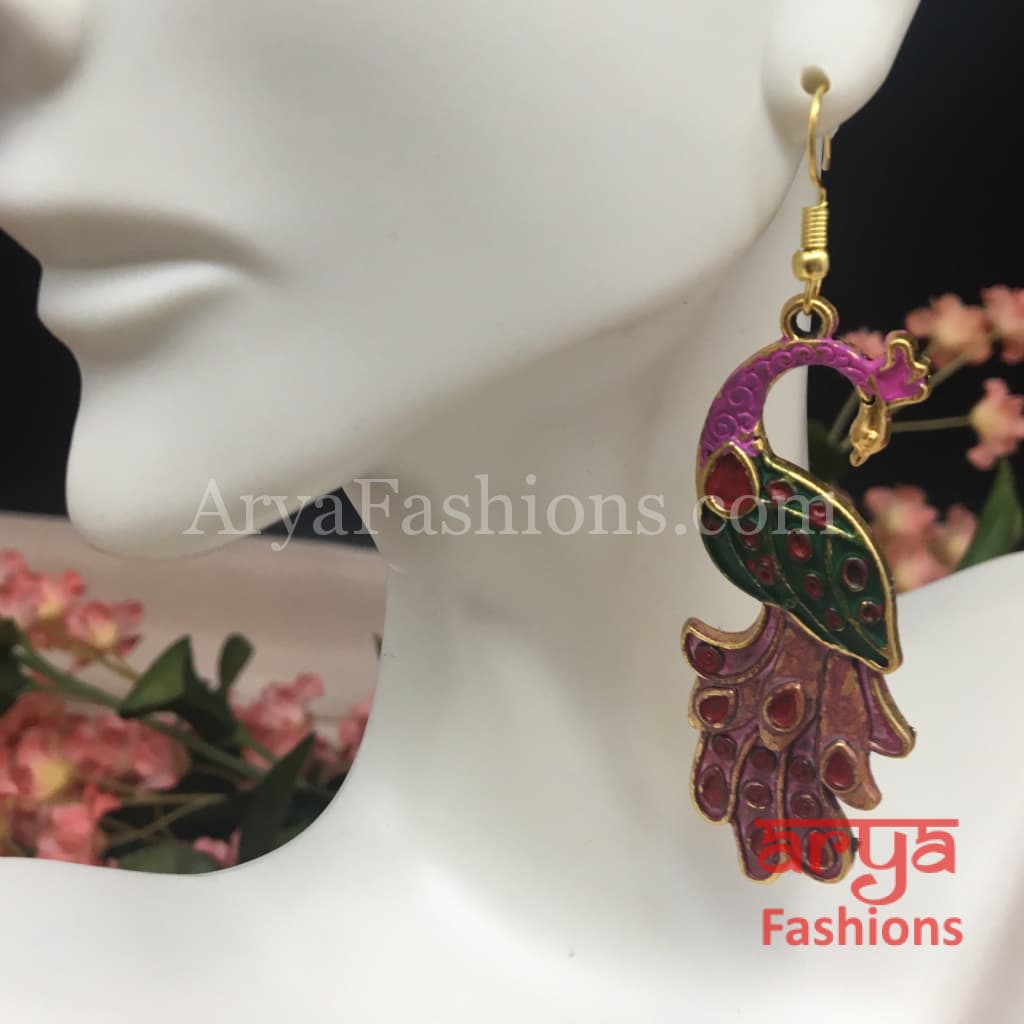 Traditional Peacock Earrings in Hot Pink Meenakari