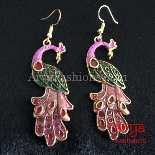 Traditional Peacock Earrings in Hot Pink Meenakari