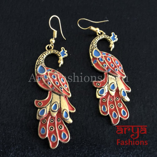 Traditional Peacock Earrings in Red and Blue Meenakari