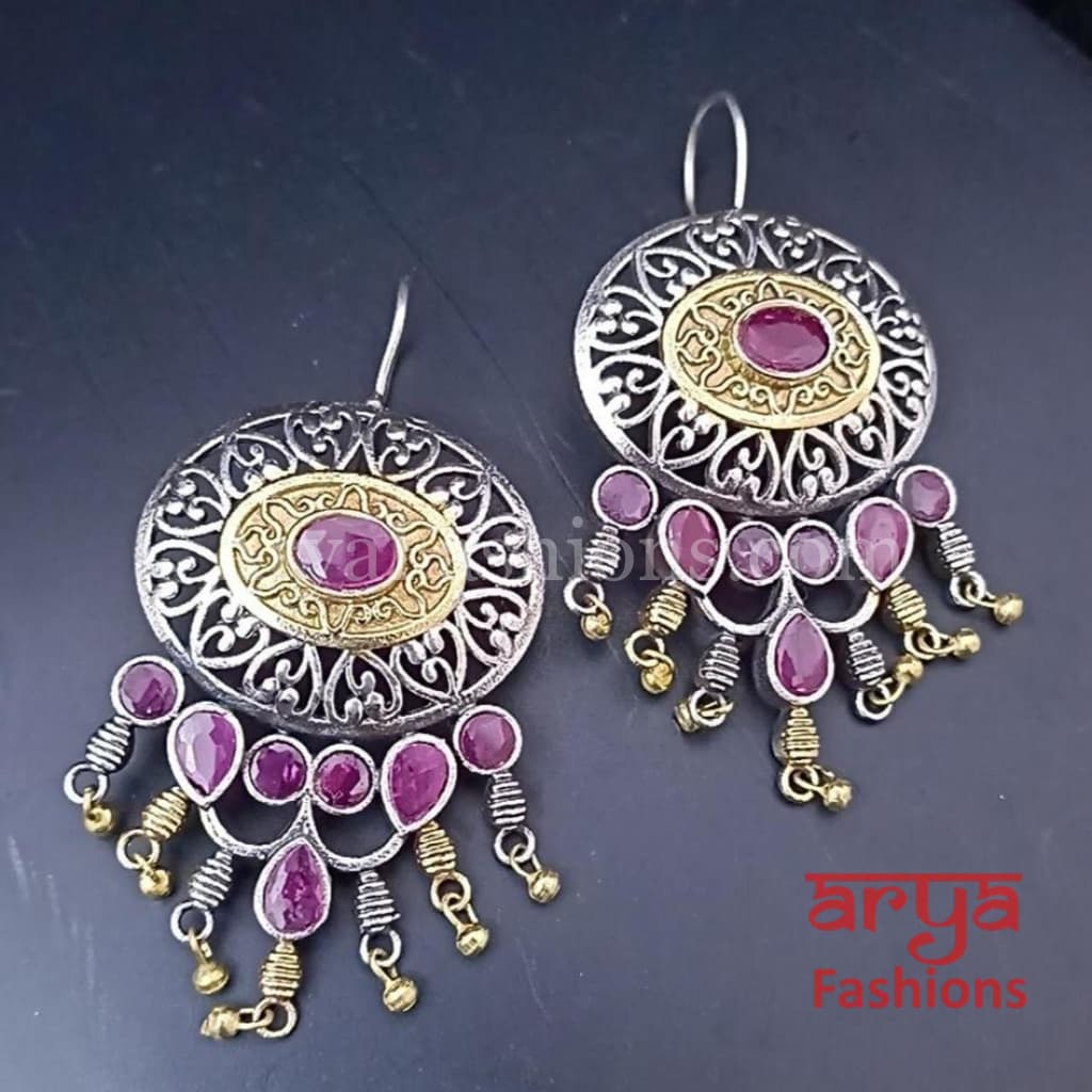 Two Tone Tribal Hoop Earrings with colored stones