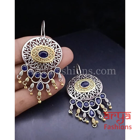 Two Tone Tribal Hoop Earrings with colored stones