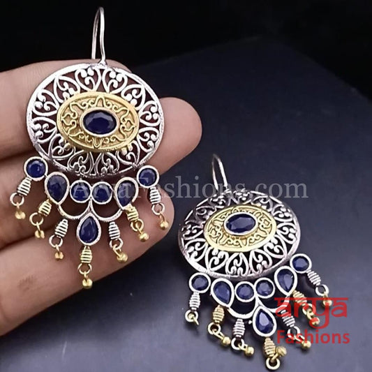 Two Tone Tribal Hoop Earrings with colored stones