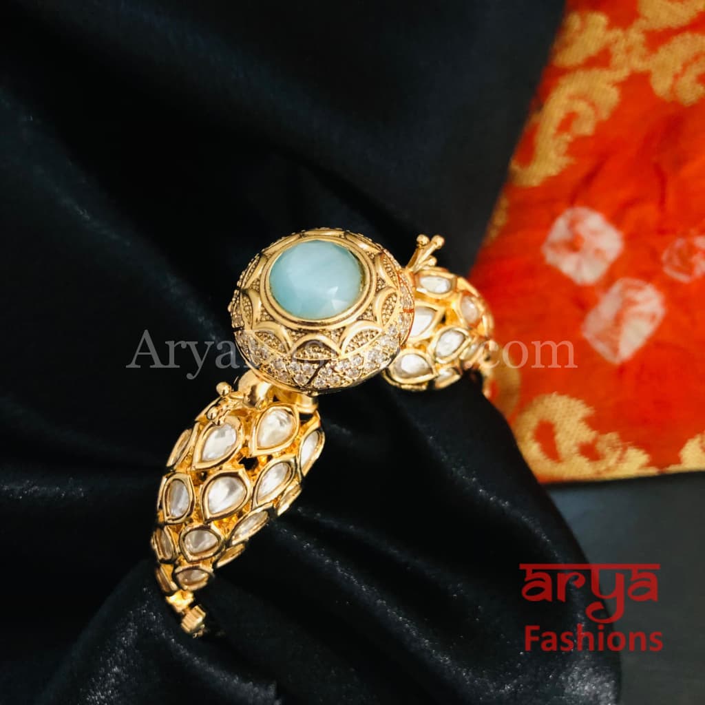 Veera Blue Peacock Jaipuri Jadau Kundan CZ Rajwadi Openable Designer Bracelet