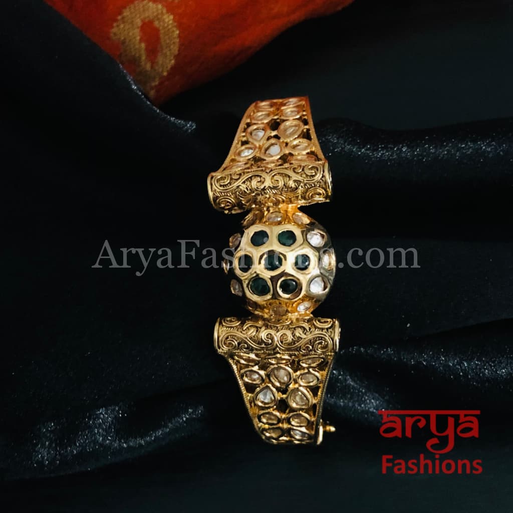Veera Emerald Green Kundan Rajwadi Openable Bracelet/ Rajasthani Jaipuri Pacchi