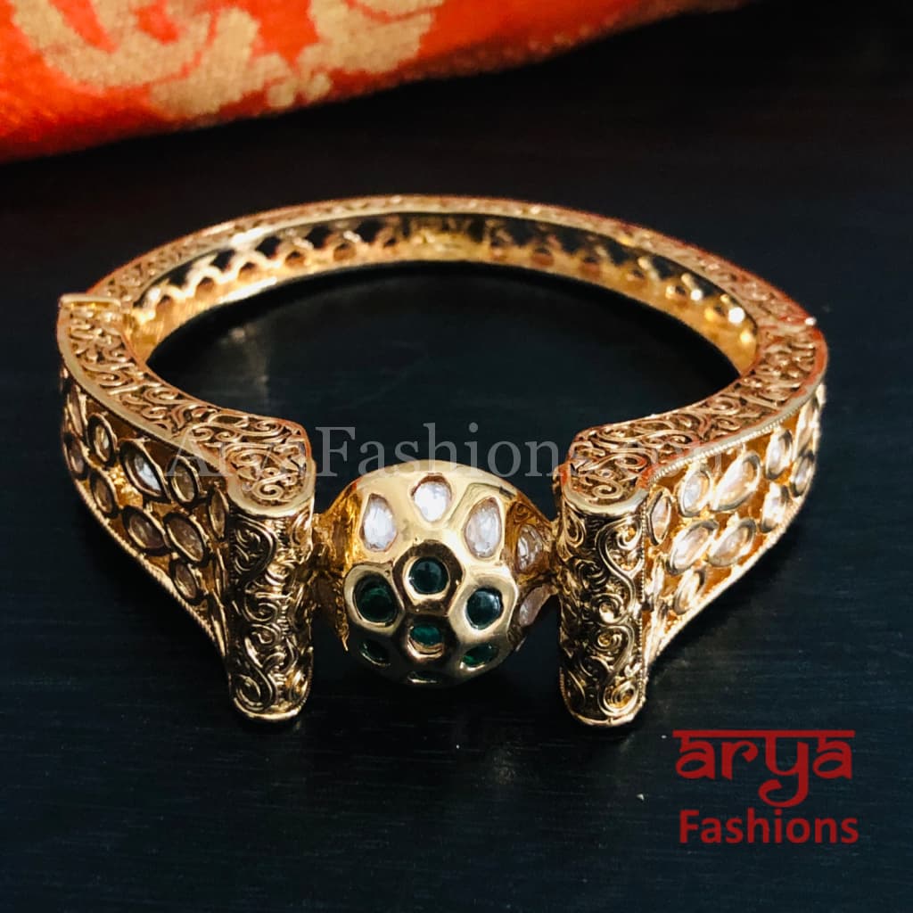 Veera Emerald Green Kundan Rajwadi Openable Bracelet/ Rajasthani Jaipuri Pacchi