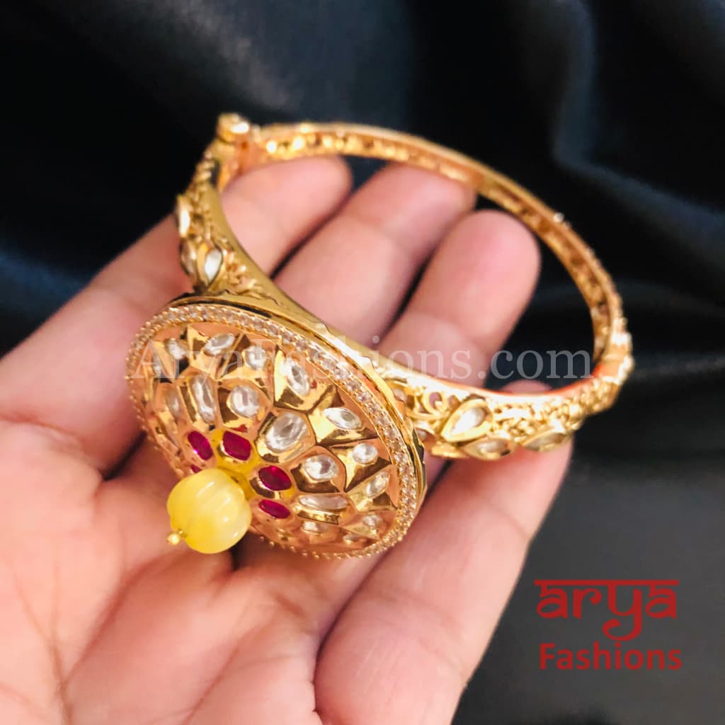 Veera Round Dial Jadau Kundan Rajwadi Openable Bracelet/ Jaipuri Pacchi Bracelet