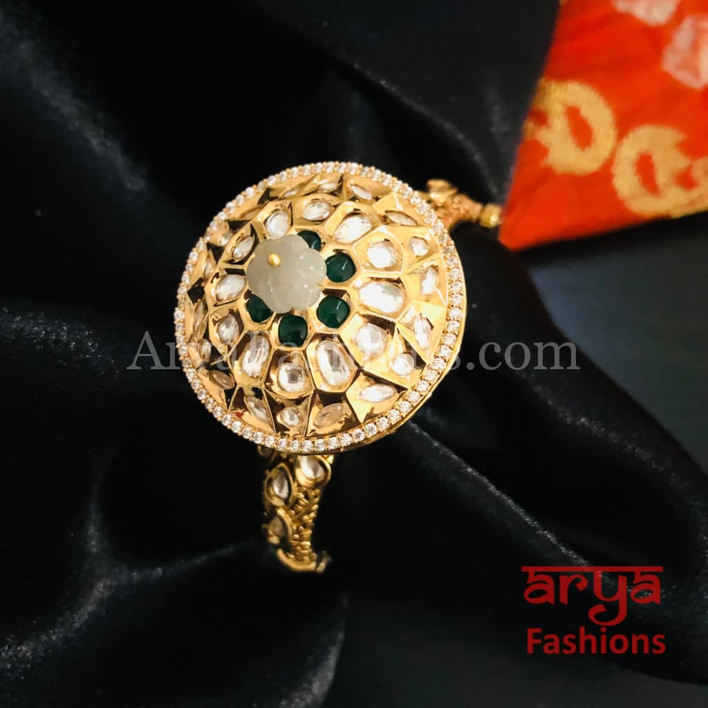 Veera Round Dial Jadau Kundan Rajwadi Openable Bracelet/ Jaipuri Pacchi Bracelet