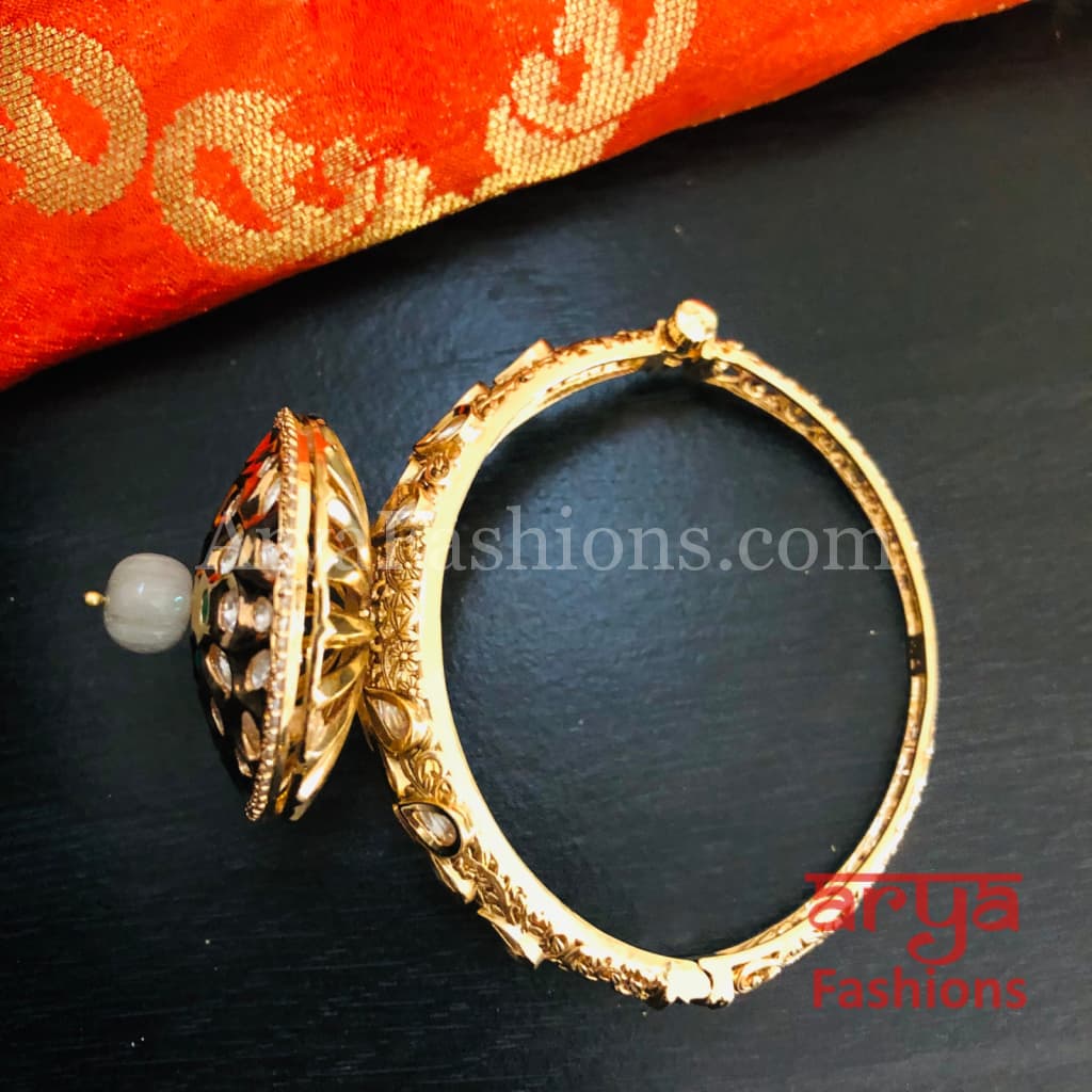 Veera Round Dial Jadau Kundan Rajwadi Openable Bracelet/ Jaipuri Pacchi Bracelet