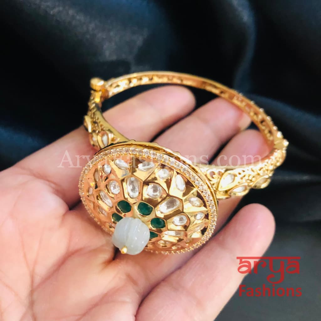 Veera Round Dial Jadau Kundan Rajwadi Openable Bracelet/ Jaipuri Pacchi Bracelet