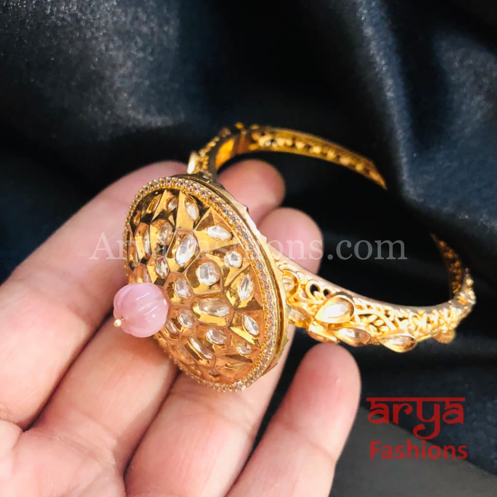 Veera Round Dial Jadau Kundan Rajwadi Openable Bracelet/ Jaipuri Pacchi Bracelet
