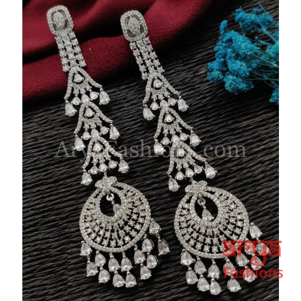Victorian Silver CZ Long Designer Cocktail Earrings