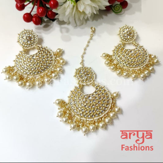 White Mang Tika and Big Chandbali Earrings Combo Set