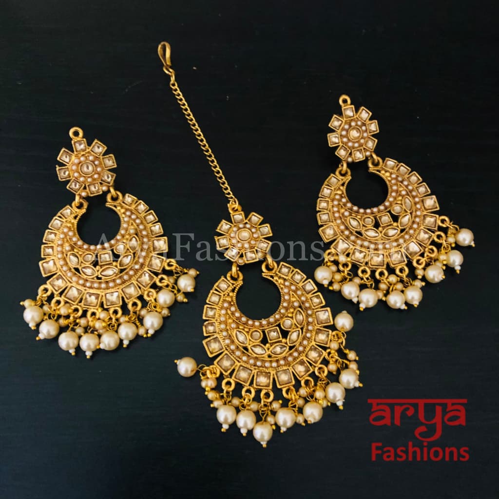 White Mang Tika and Chandbali Earrings Combo Set