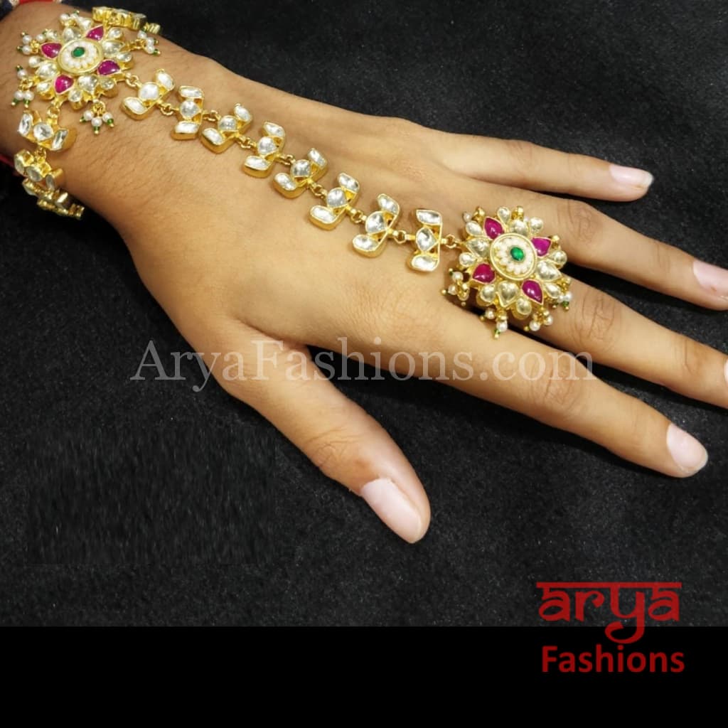 White and Ruby Pink Designer Bridal Kundan Hathphool Pair of 2