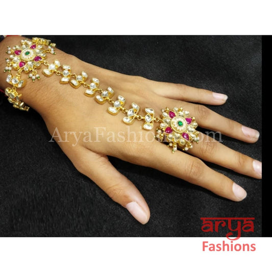 White and Ruby Pink Designer Bridal Kundan Hathphool Pair of 2