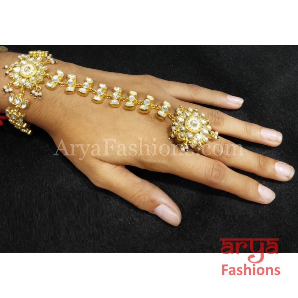 White and Ruby Pink Designer Bridal Kundan Hathphool Pair of 2