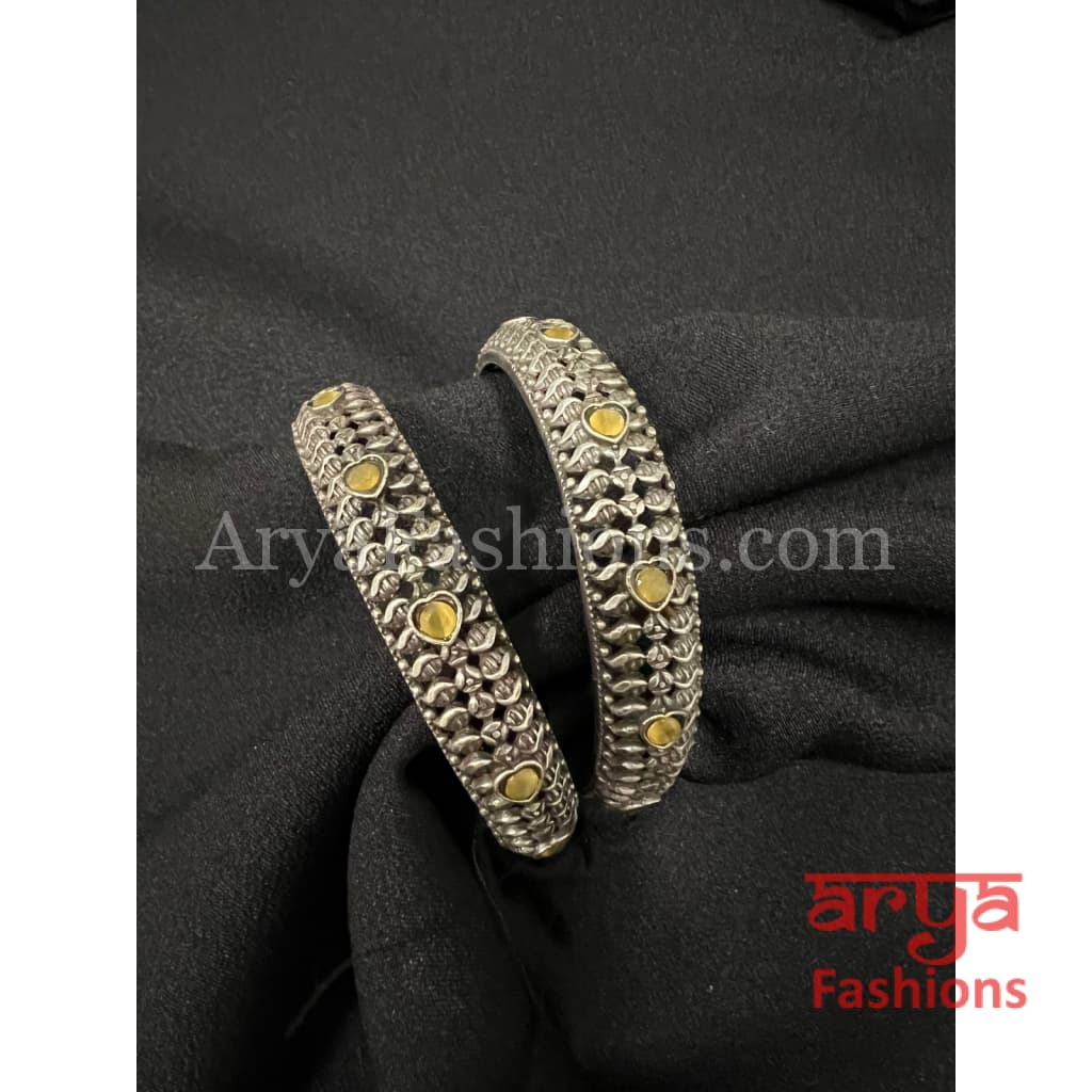 Yellow Brown Silver Oxidized Openable Bangles