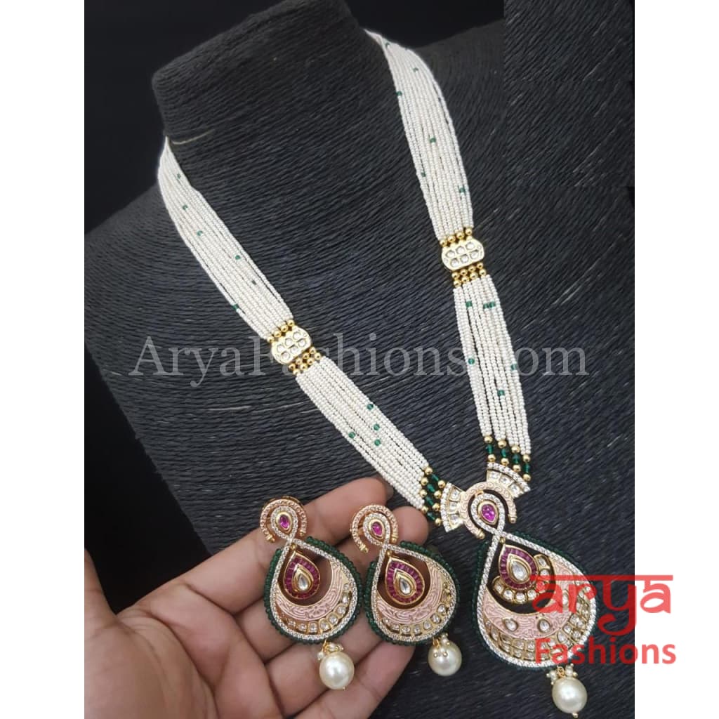 Aashvi Jaipuri Long Pacchi Kundan Necklace with CZ stones