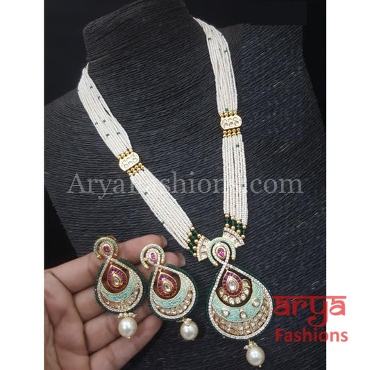 Aashvi Jaipuri Long Pacchi Kundan Necklace with CZ stones
