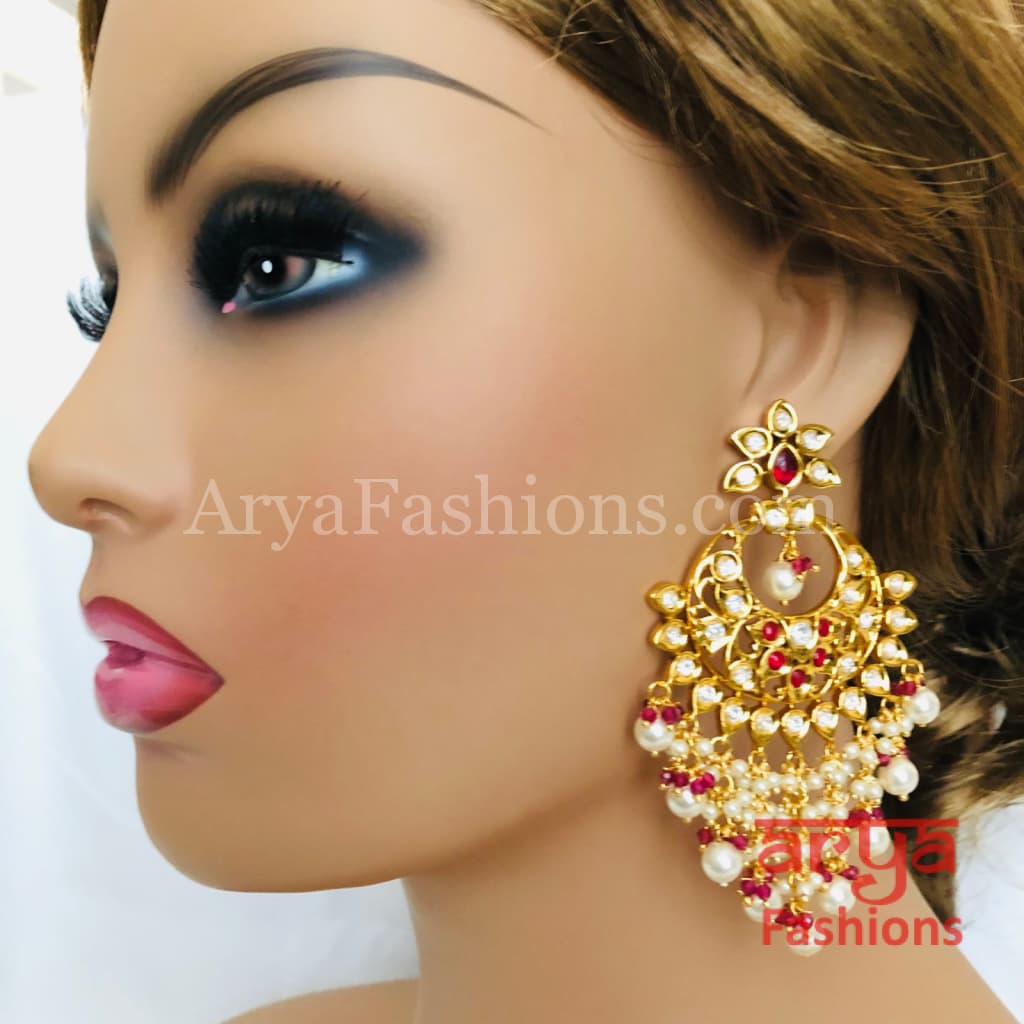 Anaira Red Pacchi Kundan Chandbali with Pearl Beads