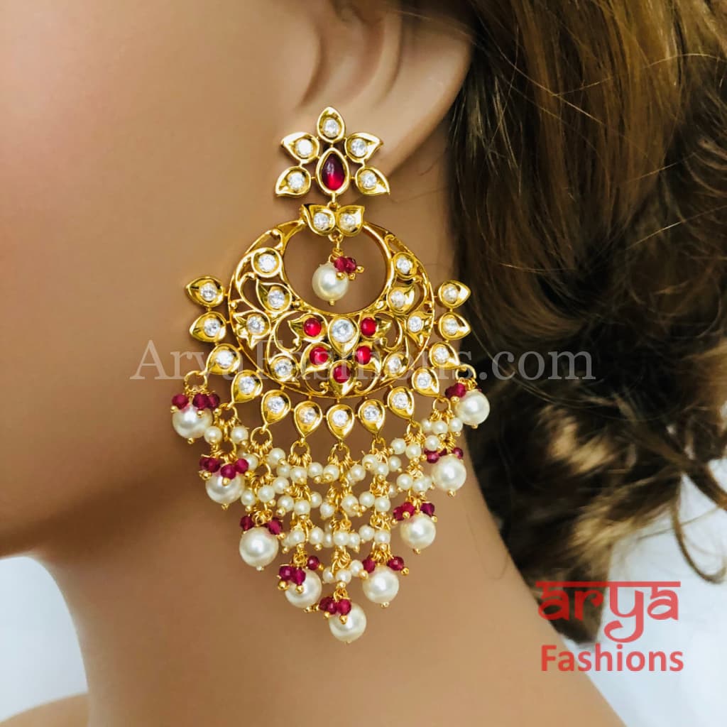 Anaira Red Pacchi Kundan Chandbali with Pearl Beads