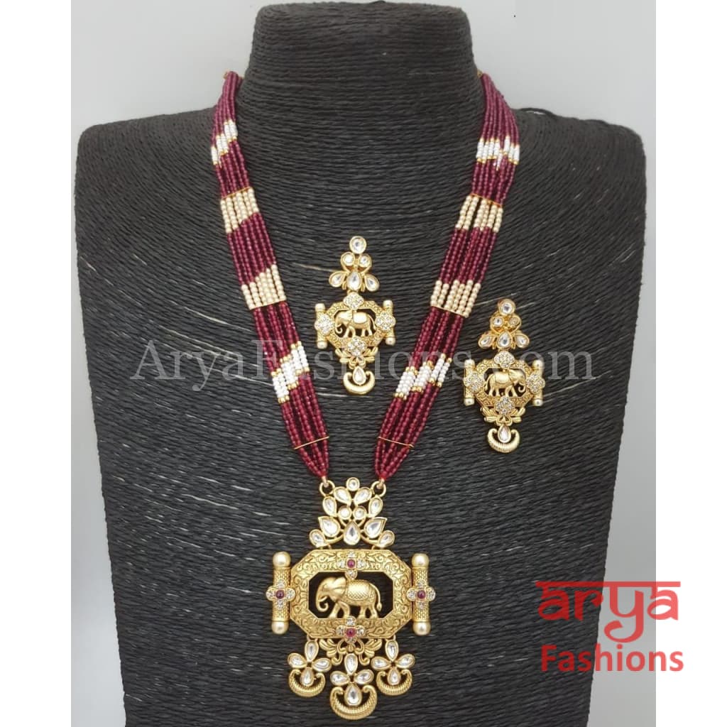 Red Beads Amrapali Inspired Kundan Long Necklace with earrings