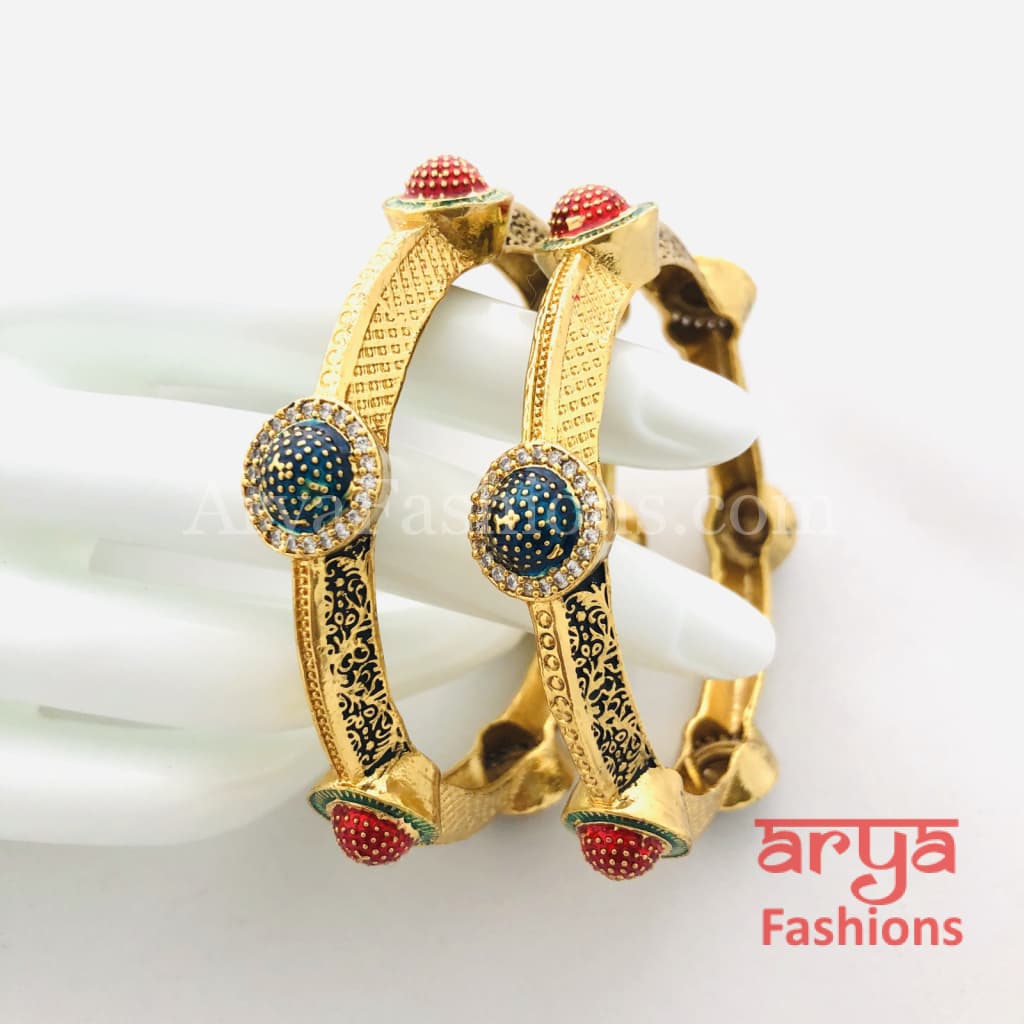 Blue Meenakari Bangles with CZ and Ruby Stones