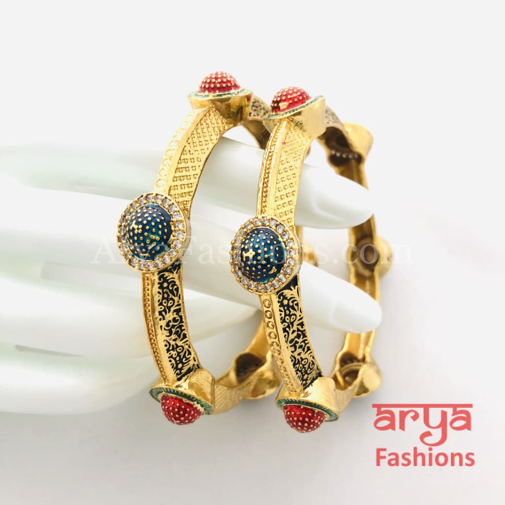 Blue Meenakari Bangles with CZ and Ruby Stones