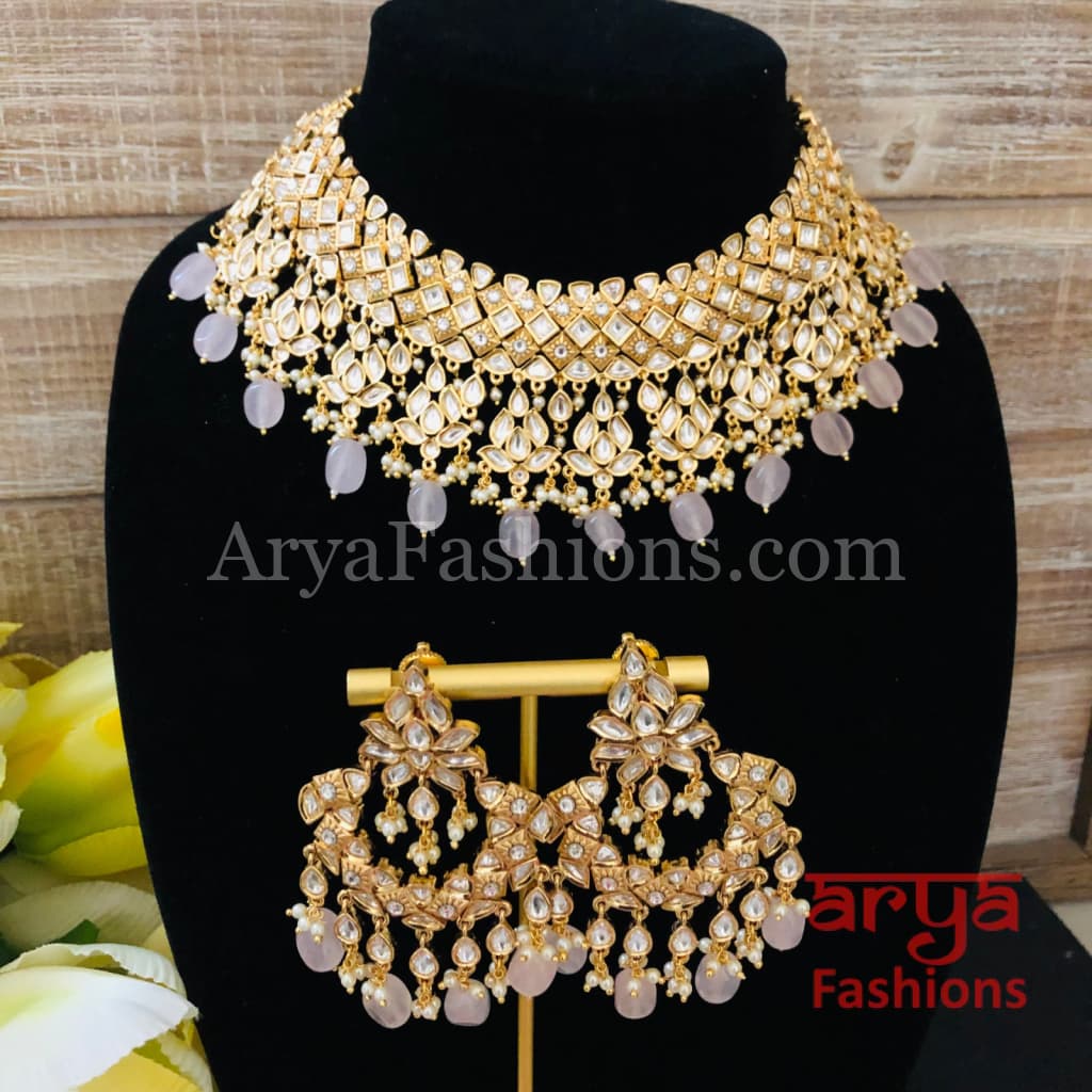 Bridal Pacchi Kundan Pink Beads Necklace/ Rajwadi Necklace