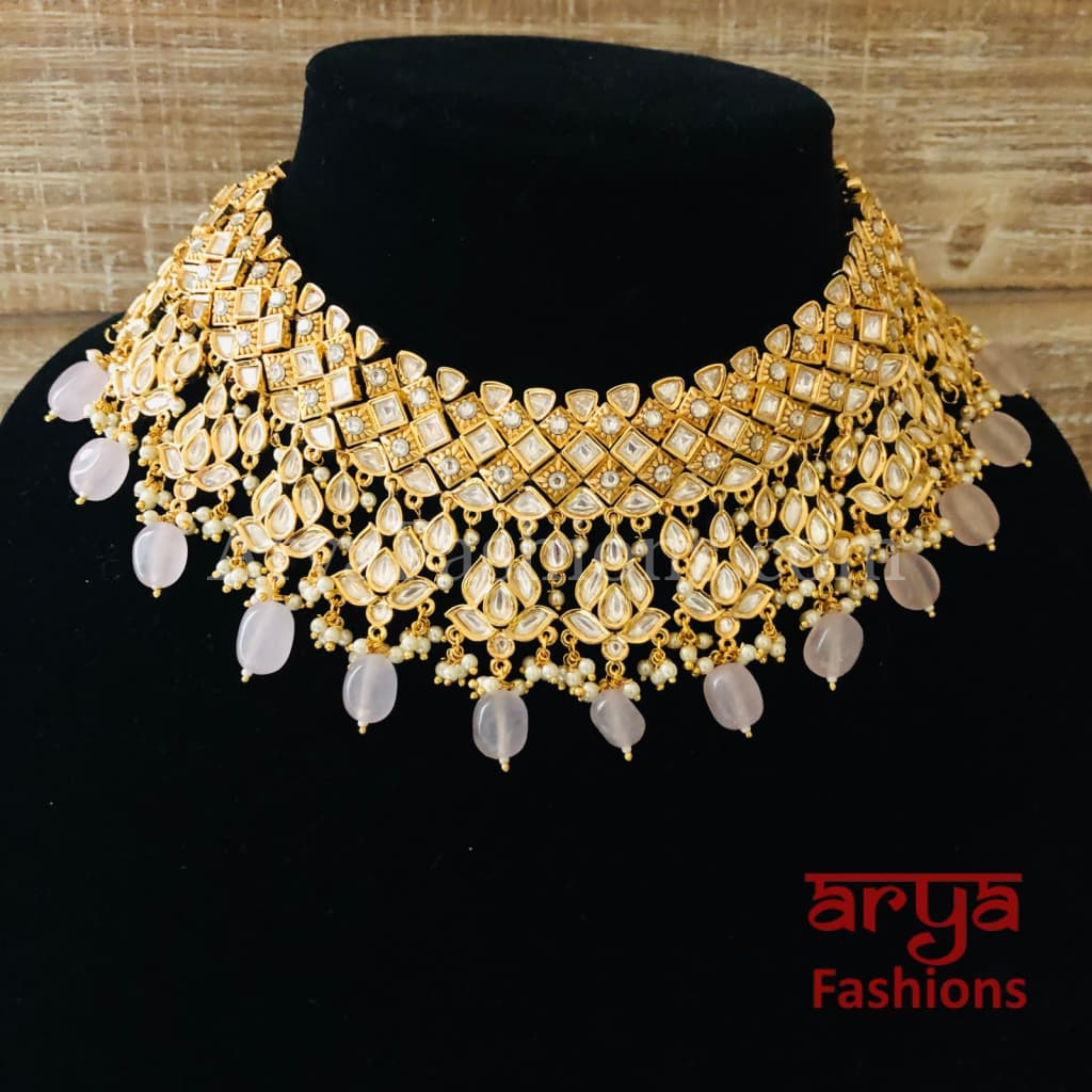 Bridal Pacchi Kundan Pink Beads Necklace/ Rajwadi Necklace