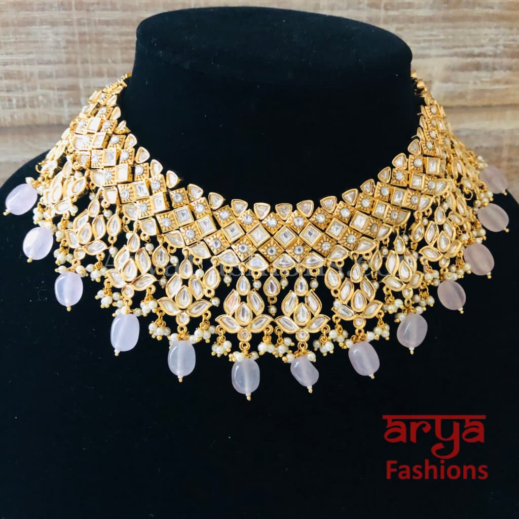 Bridal Pacchi Kundan Pink Beads Necklace/ Rajwadi Necklace