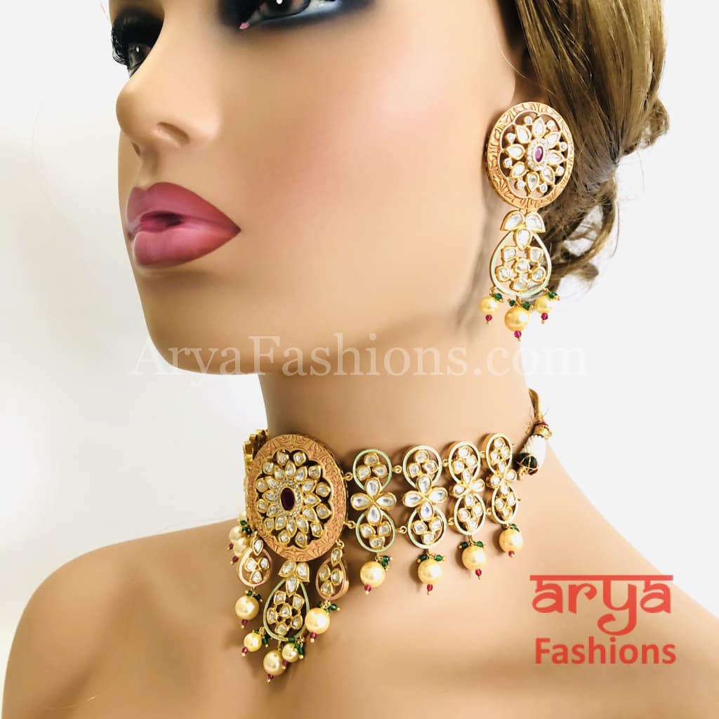 Bridal Pearl Kundan Choker Necklace in Geru Meenakari India Wedding Jewelry