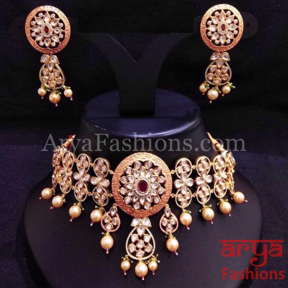 Bridal Pearl Kundan Choker Necklace in Geru Meenakari India Wedding Jewelry