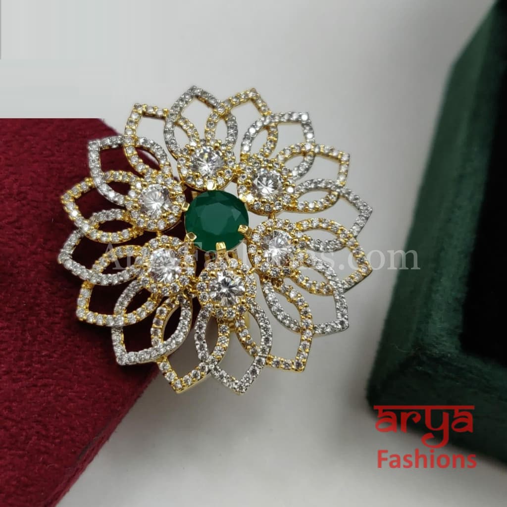 Chitra Golden Silver CZ Cocktail Ring with Moissanite Stones