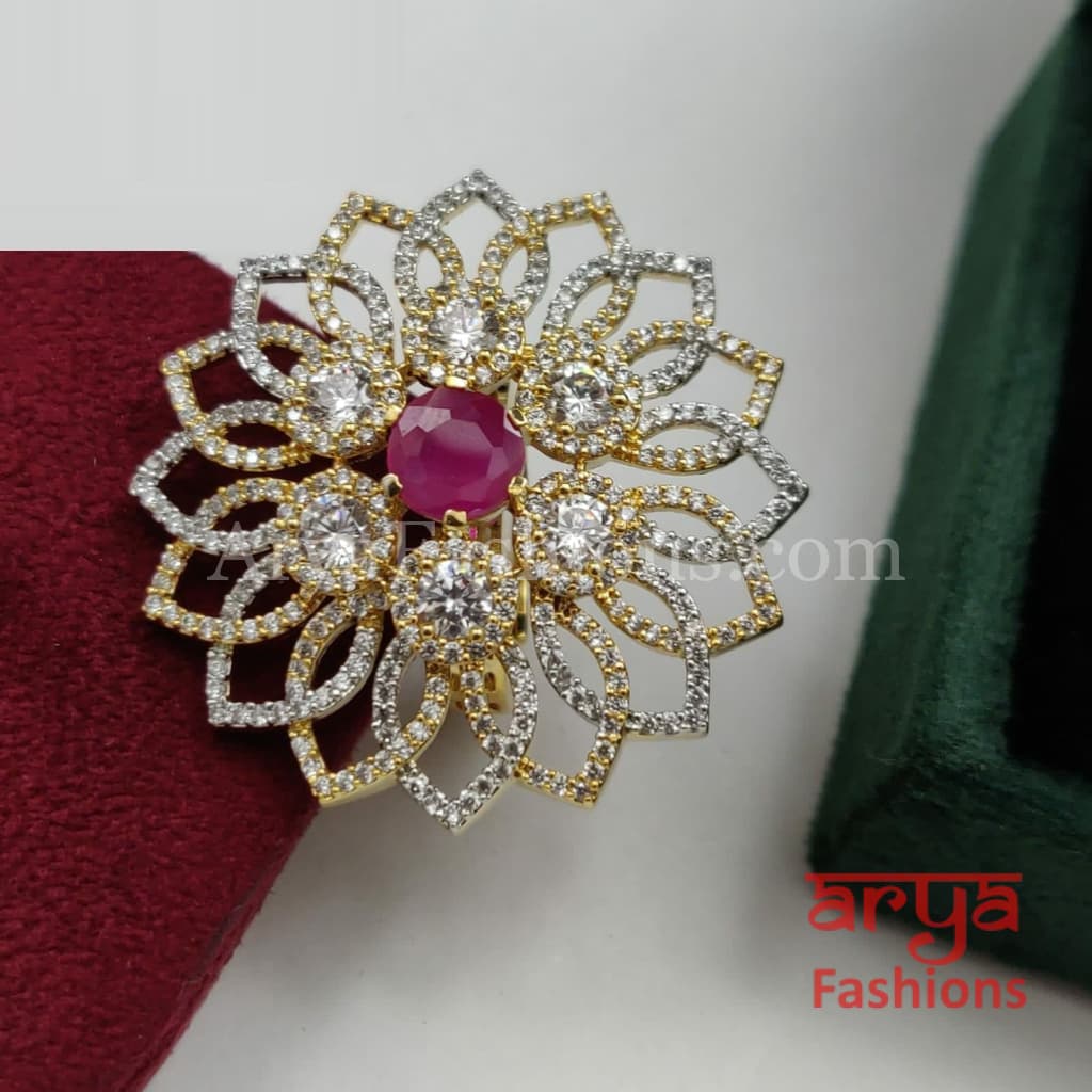 Chitra Golden Silver CZ Cocktail Ring with Moissanite Stones