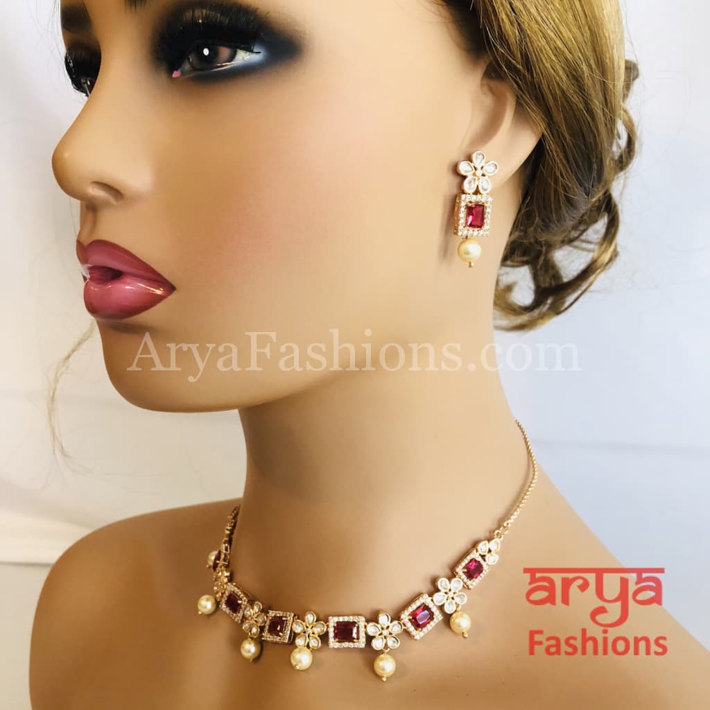 Cubic Zirconia Necklace with Ruby Stones in Rose Gold Finish