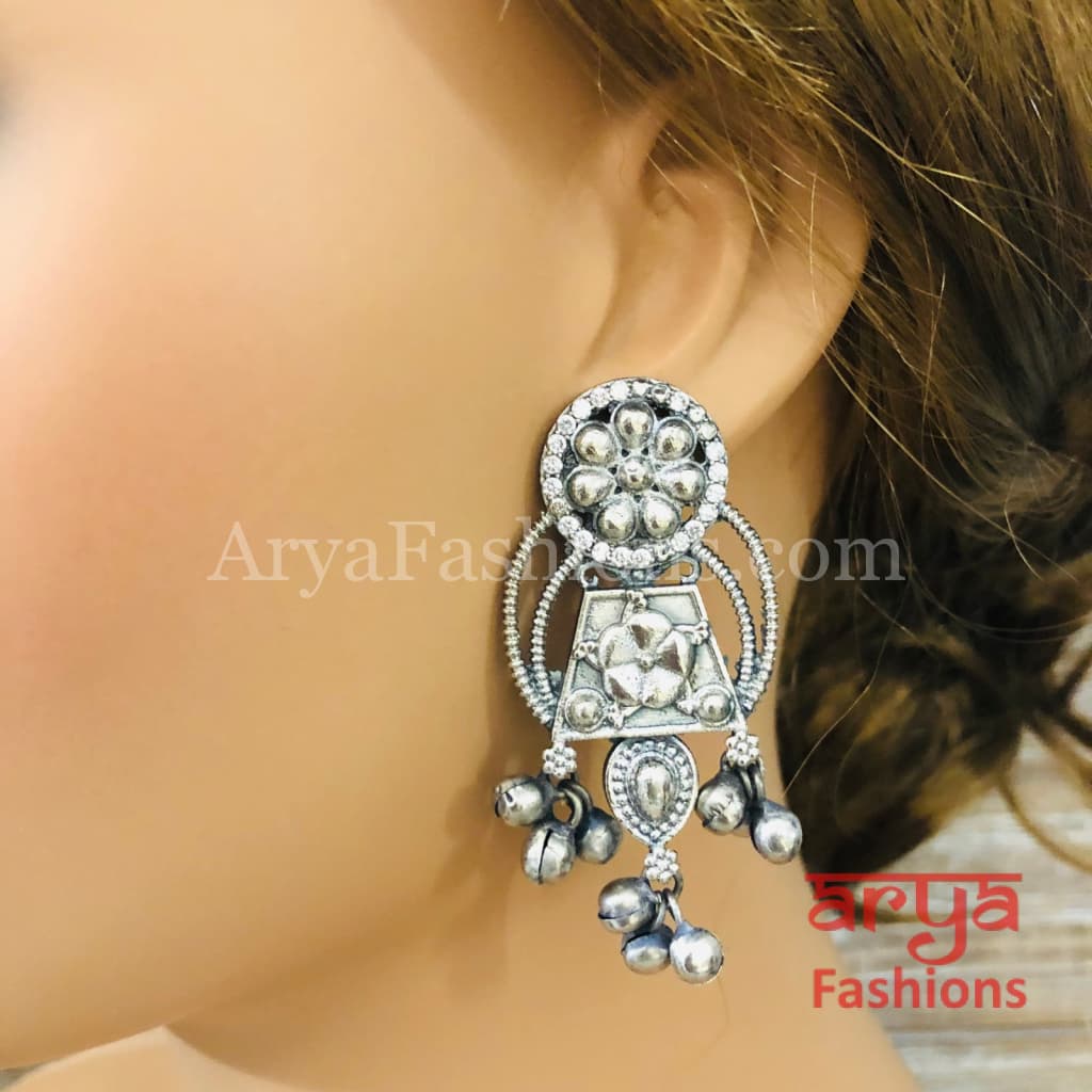 CZ Oxidized Silver Tribal Chandbali / German Ethnic Earrings